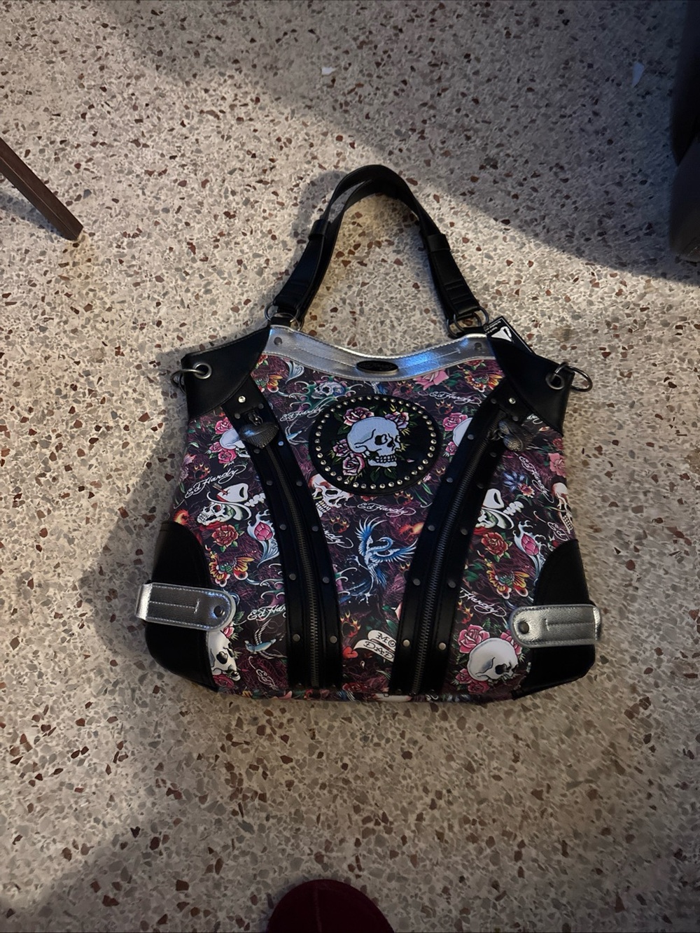 Ed Hardy Black and Silver Skulls Tote Bag Large Shoulder Bag NWT